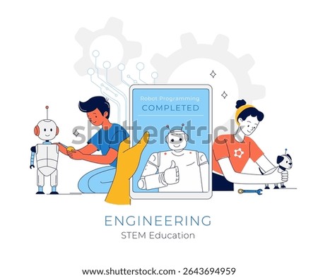 Children in STEM Young Engineers Working on Robotics Projects. STEM Education for Kids Robotics and Engineering Activities for Children. Building Robots Engineering and Technology Learning Concept.