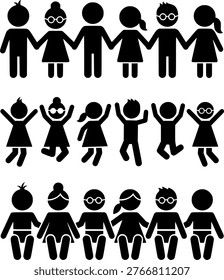 Children Stick Figure Icon Set with Kids Activities and Group Silhouettes