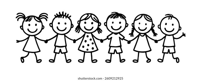 Children stick line hold hand kindergarten cartoon vector clipart. Child line character happy doodle sketch.