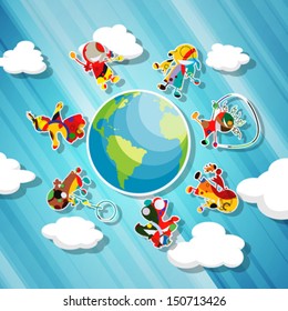 Children stickers around globe vector