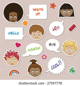 children stickers with faces and speech bubbles