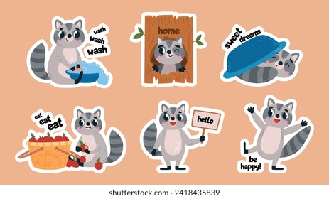 Empaquetadores infantiles con mapaches divertidos. Lavar los mapaches, comer manzanas, dormir y ser feliz. Mascotas para niños, colección vectorial de animales