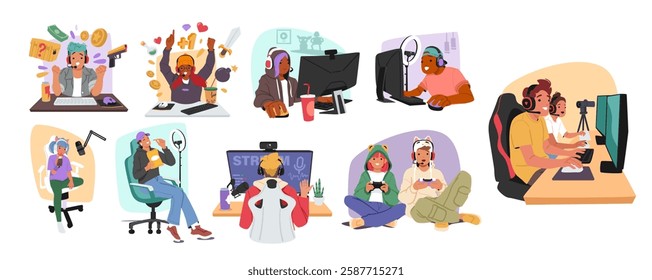 Children streamers, cyber sport gamers, teenagers playing computer games, enjoying live streaming during gaming competitive entertainment set. Generation z development and hobby vector illustration