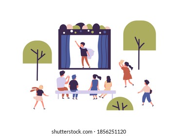 Children Street Amateur Theater With Actor Performing Play In Front Of Audience. Outdoor Theatrical Performance At Kids' Theatre. Childish Open Air Event. Flat Vector Illustration On White Background