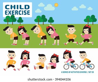 children stretching. flexibility exercise concept. infographic elements.
flat cute cartoon design illustration.