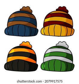 Children striped hat with pompom. Winter knitted clothes. Cartoon outline illustration