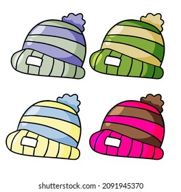 Children striped hat with pompom. Winter knitted clothes. Cartoon outline illustration