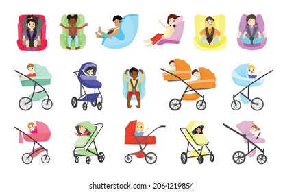 Children in strollers and car seats. Colorful vector set with baby characters.