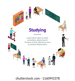 Children Student and Teacher Banner Card Circle Education Concept 3d Isometric View Lesson on Classroom. Vector illustration of Professional Course