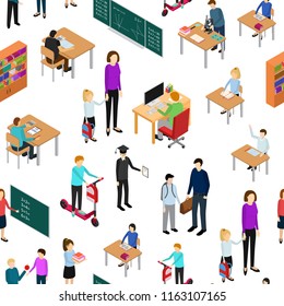Children Student and Teacher Seamless Pattern Background on a White Education Concept 3d Isometric View Lesson on Classroom. Vector illustration of Professional Course