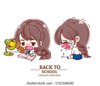 Children student uniform,makes a homework, cry, cartoon back to school  art illustration logo. Premium Vector