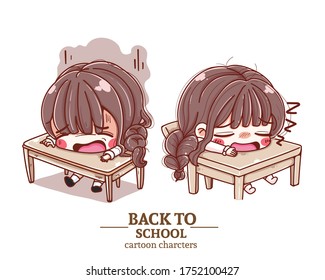 Children student uniform,sitting in the class, tired, cartoon back to school  art illustration logo. Premium Vector