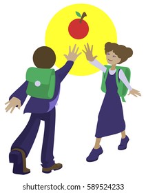 Children students are drawn to knowledge red apple. Isolated on white flat vector illustration