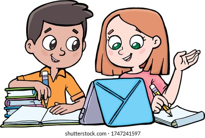 children students learn and talk with an open tab and books and notebooks