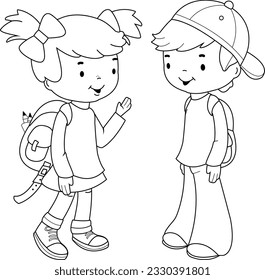 Children students with school backpacks. Vector black and white coloring page.