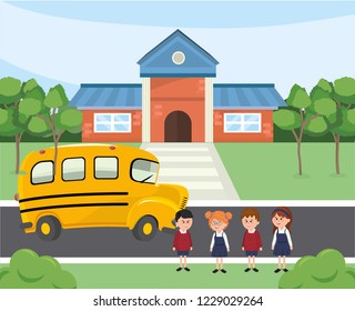 children students in the school and bus transport
