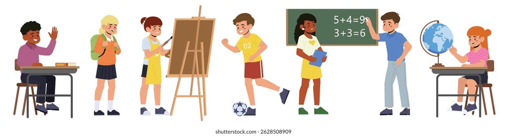 Children students in school lessons. Elementary pupils boys and girls receive education in different classes. Kids learning and studying. Flat vector illustration collection isolated on background