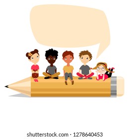 children students sit on a large pencil. children solve school task