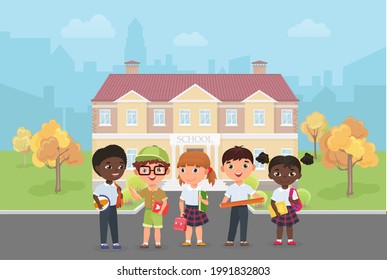 Children students stand in front of school building vector illustration. Cartoon diverse group of kids ready to learn and study, funny little girl boy child characters standing together background