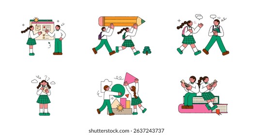 Children students studying diferent school illustration