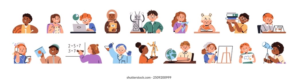 Children students studying different school subjects, lessons. Elementary pupils, kids learning. Math, science, art and chemistry education. Flat vector illustration isolated on white background