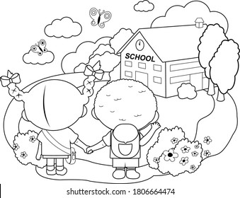 Kinder außerhalb ihrer Schule. Vektor-Schwarz-Weiß-Farbseite