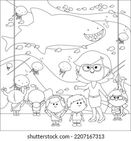 Children students and their teacher at the oceanarium looking at the sea animals. Vector black and white coloring page.