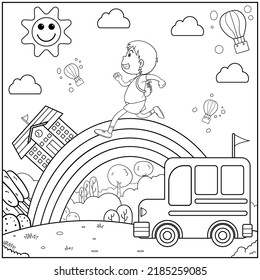 Children students walk to school. schoolboy back to school. Vector black and white coloring page.