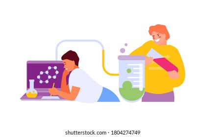 Children students work in a chemical and biological laboratory. Scientific experiment in chemistry class vector illustration