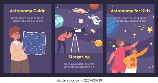 Niños Estudian Carteles De Ciencias De La Astronomía. Los niños miran en el telescopio, los curiosos personajes de niños y niñas observan el cielo con la luna, las estrellas, la Vía Láctea y el astronauta en el espacio. Carteles de vectores