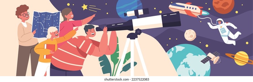 Children Study Astronomy Science. Kids Look In Telescope, Curious Little Boys and Girls Characters Observe Sky with Moon, Stars, Milky Way and Astronaut in Space. Cartoon People Vector Illustration