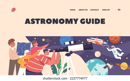 Los Niños Estudian La Plantilla De La Página De Inicio De La Ciencia De La Astronomía. Los niños miran en el telescopio, los curiosos personajes de niños y niñas observan el cielo con la Vía Láctea y el astronauta. Ilustración de vectores de personas de caricatura