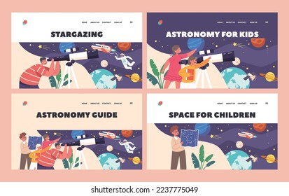 Children Study Astronomy Science Landing Page Template Set. Kids Look In Telescope, Little Boys and Girls Characters Observe Sky with Milky Way and Astronaut. Cartoon People Vector Illustration