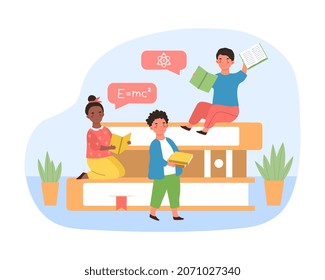 Children Study With Books. Schoolchildren Sitting On Stack. Metaphor Of Learning, Back To School. Knowledge, Education, Skill Development, Socialization, Curiosity. Cartoon Flat Vector Illustration