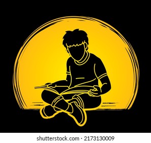 Children Study A Boy Reading A Book Cartoon Graphic Vector