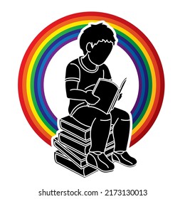 Niños Estudian A Un Niño Leyendo Un Vector Gráfico De Caricaturas
