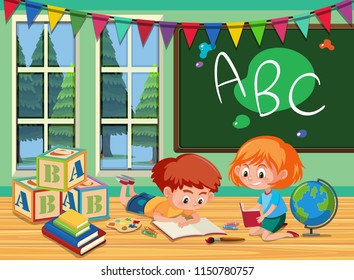 Children study in the classroom illustration