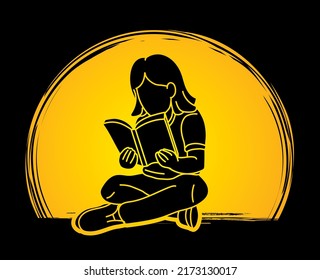Children Study A Girl Reading A Book Cartoon Graphic Vector