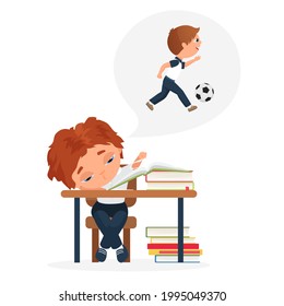 Children study hard, education problem of bored kid vector illustration. Cartoon tired boy child character sitting at school books and studying homework, dreaming of playing ball outdoors background