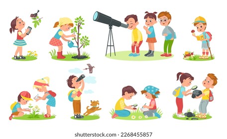 Children study nature. Outdoor lessons. Kids learn world. Curious boys and girls. Young naturalists observe phenomena. Teenagers planting trees and exploring animals