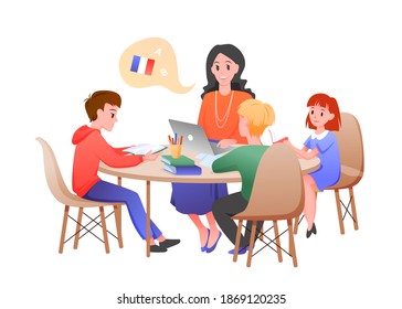 Children Study On French Lesson Vector Illustration. Cartoon Group Of Students Classmates And Teacher Character Sitting At Round Table In Classroom, Learning French And Talking Isolated On White