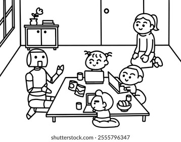 Children study with robot coloring pages style.