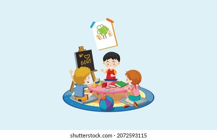 Children study room together Illustration. Kids Art Drawing vector.