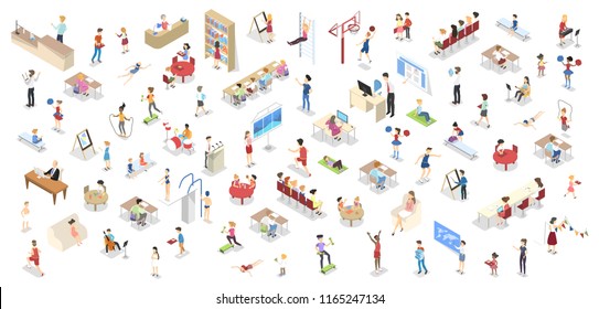 Children study in the school set. People in library, gym, lecture room and drawing class. Children studying in classroom. Isolated isometric vector illustration