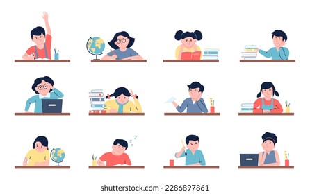 Children study and sitting at desk. Unmotivated girl, kid learning lesson with computer. Child students studying, reading and writing recent vector set