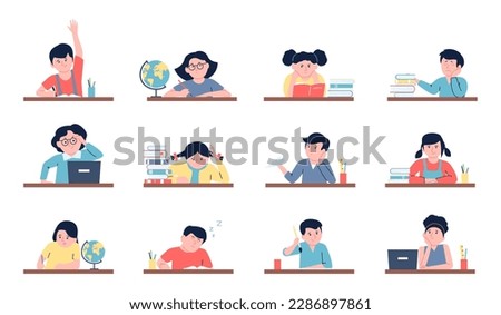 Children study and sitting at desk. Unmotivated girl, kid learning lesson with computer. Child students studying, reading and writing recent vector set