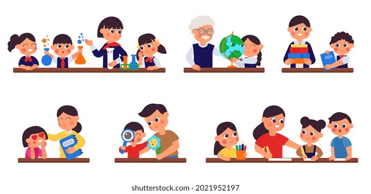 Children study with teacher. Home schooling, students and kids learning with teachers and parents. Personal and group education decent vector scenes