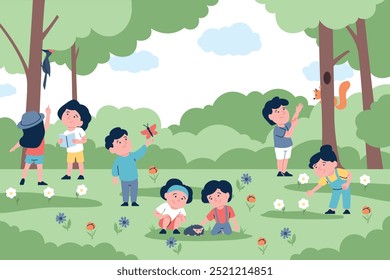 Children study wild nature walking in forest. Little kids walk together, look at plants animals and birds. Seasonal outdoor lesson, recent vector scene