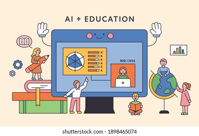 Children Are Studying Around A Large Computer Monitor. Flat Design Style Minimal Vector Illustration.