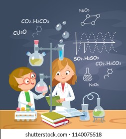 Children is studying chemistry in laboratory.  Vector illustration. Flat design. 